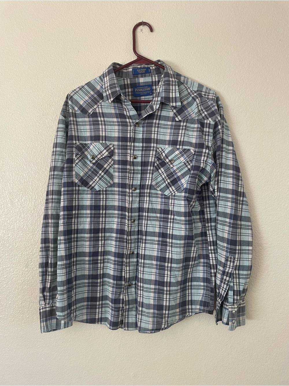 Pendleton Men's Navy and Light Blue Plaid Button-Down Shirt Medium